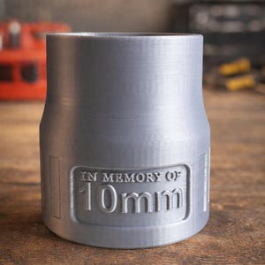 May include: A gray, cylindrical tool with the text "IN MEMORY OF 10mm" embossed on the side. The tool has a stepped design and sits on a wooden surface. The background is blurred.