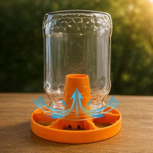 Könnte beinhalten: Ein klares Glas mit einem Wabenmuster auf dem oberen Teil, das auf einer orangefarbenen Basis steht. Die Basis hat einen zentralen orangefarbenen Ausguss und einen kreisförmigen Rand. Blaue Pfeile zeigen den Luftstrom an. Das Glas ist für einen bestimmten Zweck bestimmt.