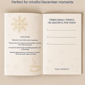 May include: Open journal with gold snowflake and coffee cup illustrations. Text reads "Elegant soft luxury design" and "Perfect for mindful December moments." Pages include prompts for gratitude and daily reflection.