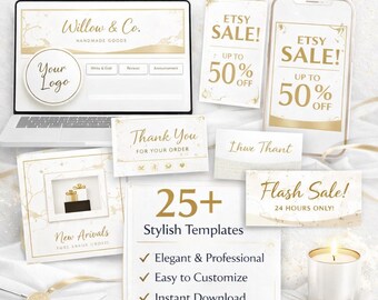 Weiß & Gold Etsy Branding Kit Canva Templates | Elegantes Ladendesign