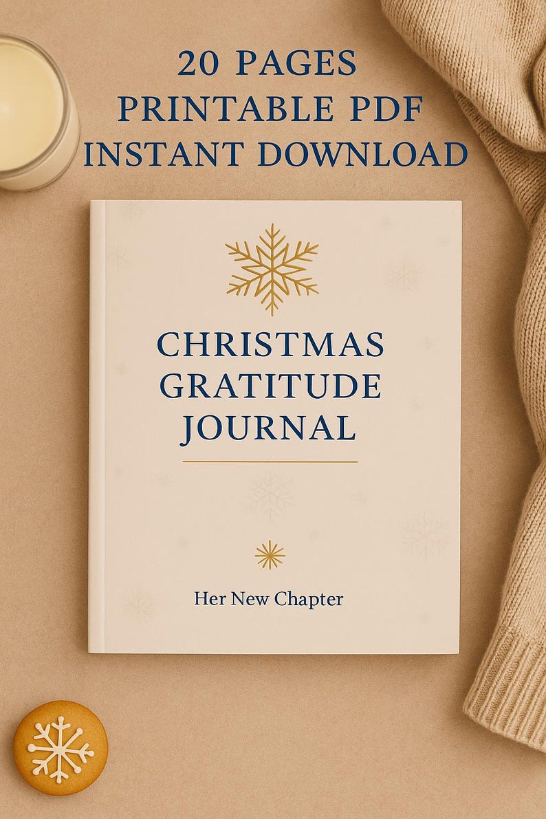 May include: A cream-coloured Christmas Gratitude Journal with gold snowflake accents. The cover features the title in navy blue, with the text "20 Pages Printable PDF Instant Download". A snowflake biscuit and a candle are in the background.