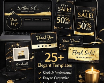 Luxus Black & Gold Etsy Branding Kit Canva Vorlagen für einen Premium Shop