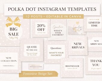 Beige Instagram Vorlagen Canva | Polka Dot Social Media Vorlagen | Feminines Business Branding Kit | Bearbeitbare Instagram Post-Vorlagen