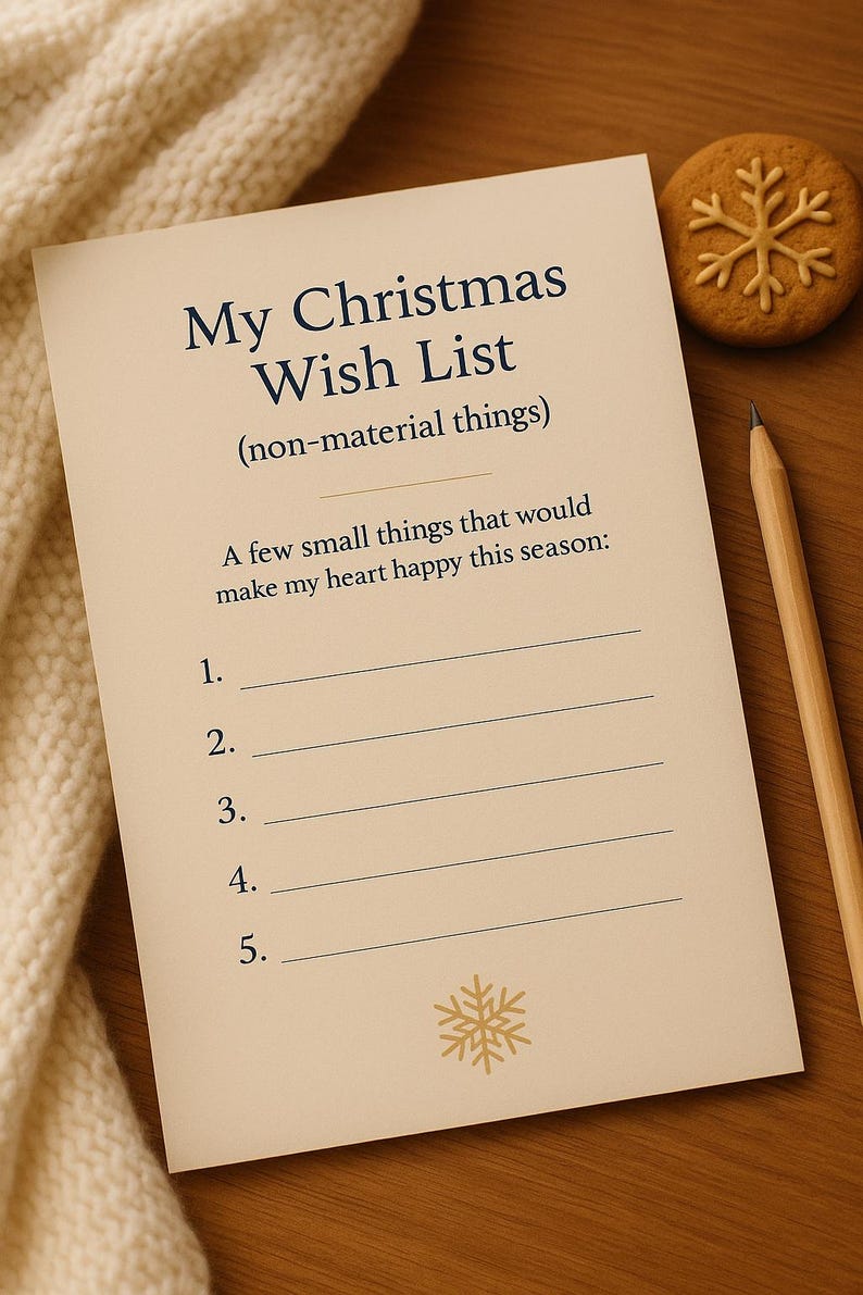 May include: A cream-coloured Christmas wish list with the text "My Christmas Wish List" and lines for writing. A snowflake biscuit and a pencil are next to the list. The list is on a wooden surface.