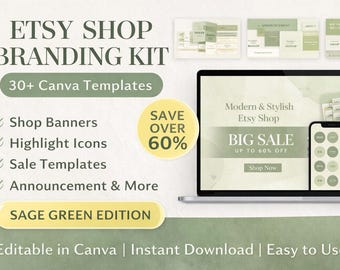 Etsy Shop Branding Kit Canva Vorlagen Bündel | Salbei Grün Etsy Banner, Instagram Highlight Icons, Shop Kit, bearbeitbare Vorlagen