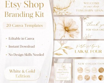 Elegantes Weiß Gold Etsy Branding Kit Canva Templates | Luxus Shop Banner, Icons & Branding Bundle