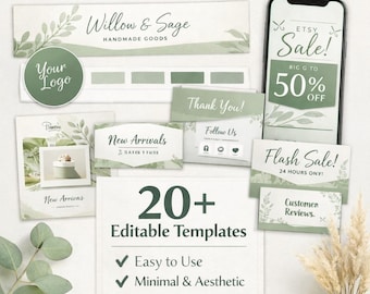 Salbeigrün Etsy Branding Kit | Canva Vorlagen für Shop Banners, Icons & ästhetisches Design