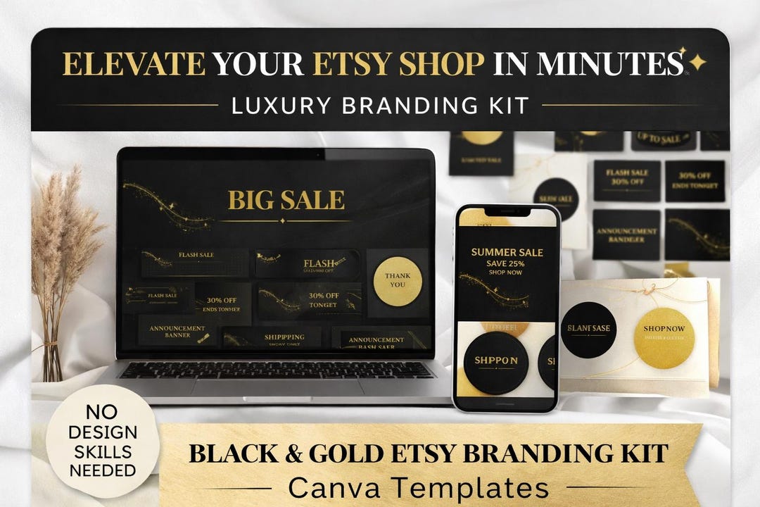 Black Gold Etsy Branding Kit Canva Templates Bundle, Luxury Shop Design ...