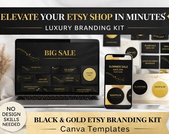 Schwarz Gold Etsy Branding Kit Canva Vorlagen Bundle, Luxus-Shop-Design, bearbeitbares Banner, Symbole, Ankündigungs-Set