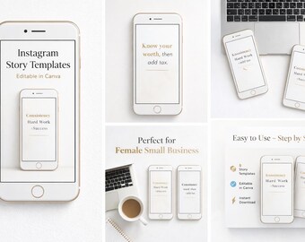 Instagram Story Canva Vorlagen | Minimalistisch Weiß & Gold | Zitat Vorlagen für weibliche Small Business
