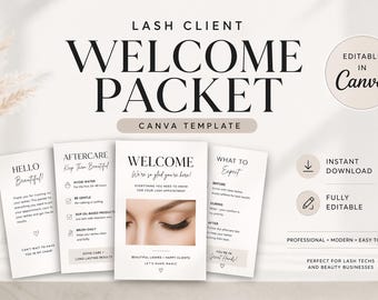 Lash Klient Willkommenspaket Canva-Vorlage, bearbeitbarer Beauty-Willkommensleitfaden, Lash Business Starter Kit, Richtlinien, Nachsorge, Sofort-Download