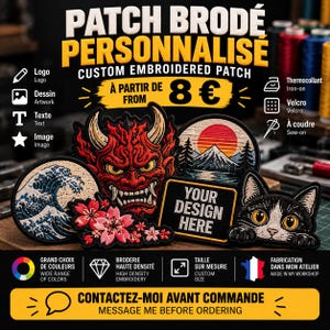 Puede incluir: Una colección de parches bordados personalizados que incluye una máscara de demonio roja, una ola azul, flores de cerezo rosas, un paisaje de montaña, un gato blanco y negro y un parche rectangular con el texto YOUR DESIGN HERE.