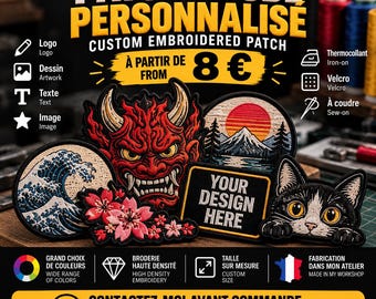 Peut inclure: Un ensemble d'écussons brodés personnalisés incluant un masque de démon rouge, une vague bleue, des fleurs de cerisier roses, un paysage de montagne, un chat noir et blanc et un écusson rectangulaire avec le texte YOUR DESIGN HERE.
