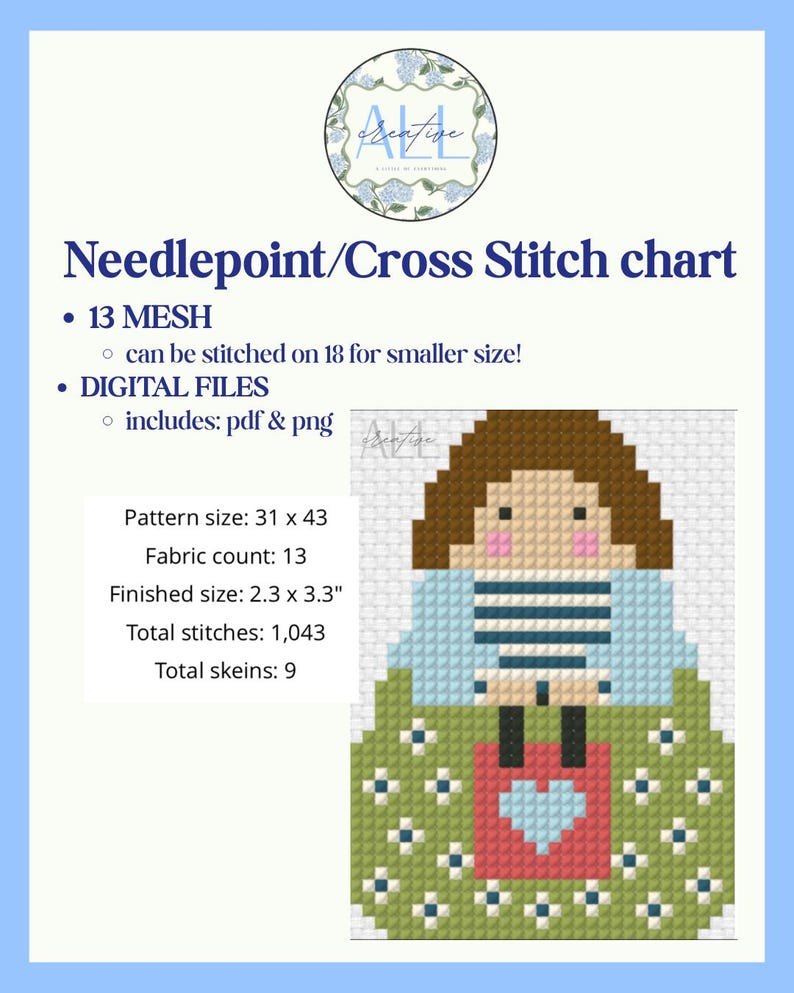 K&ouml;nnte beinhalten: Eine digitale Stickvorlage f&uuml;r Needlepoint und Kreuzstich mit einer verpixelten Figur mit braunen Haaren, einem blau gestreiften Oberteil und einem gr&uuml;nen Rock mit wei&szlig;-blauen Blumenmustern sowie einem roten Quadrat mit hellblauem Herz.
