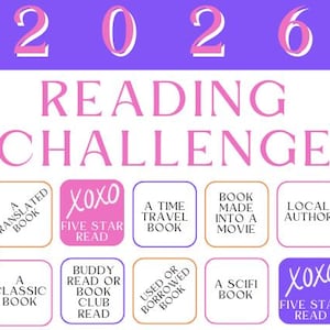 May include: A graphic for a 2026 reading challenge. The design features the year in pink numbers above the words "READING CHALLENGE." Below are nine boxes with reading prompts like "A Translated Book" and "Five Star Read."