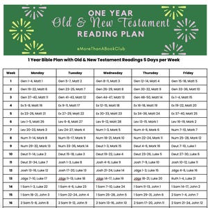 May include: A one-year Bible reading plan with the text "Old & New Testament Reading Plan" and the text "@MoreThanABookClub". The plan is organized by week and day, with scripture references listed.