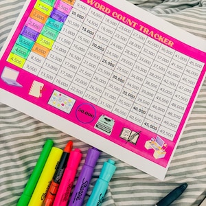 Op de afbeelding: Een roze en witte "Word Count Tracker" grafiek met een raster van getallen, vergezeld van kleurrijke Sharpie markers en een pen. De grafiek bevat een doel van 50.000 woorden.