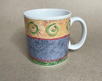 Sakura Coffee Mug Cup 1995 by Sue Zipkin Malaga Blue Yellow Green Collectible