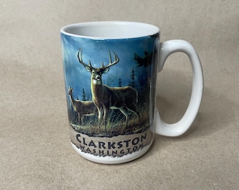 Vintage Clarkston Washington Deer Musk Outdoors Blue Ceramin Coffee Mug Tea Cup