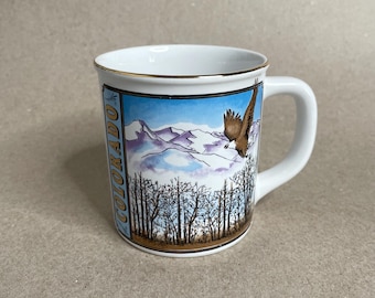 Vintage Colorado Gold Trim Bald Eagle Mountain Winter Scene Coffee Tea Mug