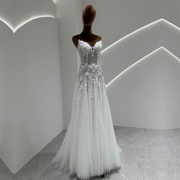 Luxury Draped Satin Wedding Dress, Sparkly Beaded Bridal Gown with Square Neckline, Elegant A-Line Formal Gown with Long Train, Royal Bride