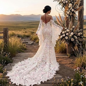 sheath backless long sleeves lace beach wedding dress Ivory Lace Boho A-line Long Sleeves Wedding Dresses, SW438