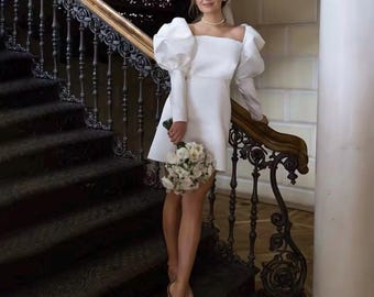 Mini abito da sposa con maniche a sbuffo per cerimonia civile - Abito da sposa corto moderno per ricevimento