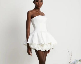 White Corset Mini Dress | 3D Rose Ruffle Hem, Bubble Skirt