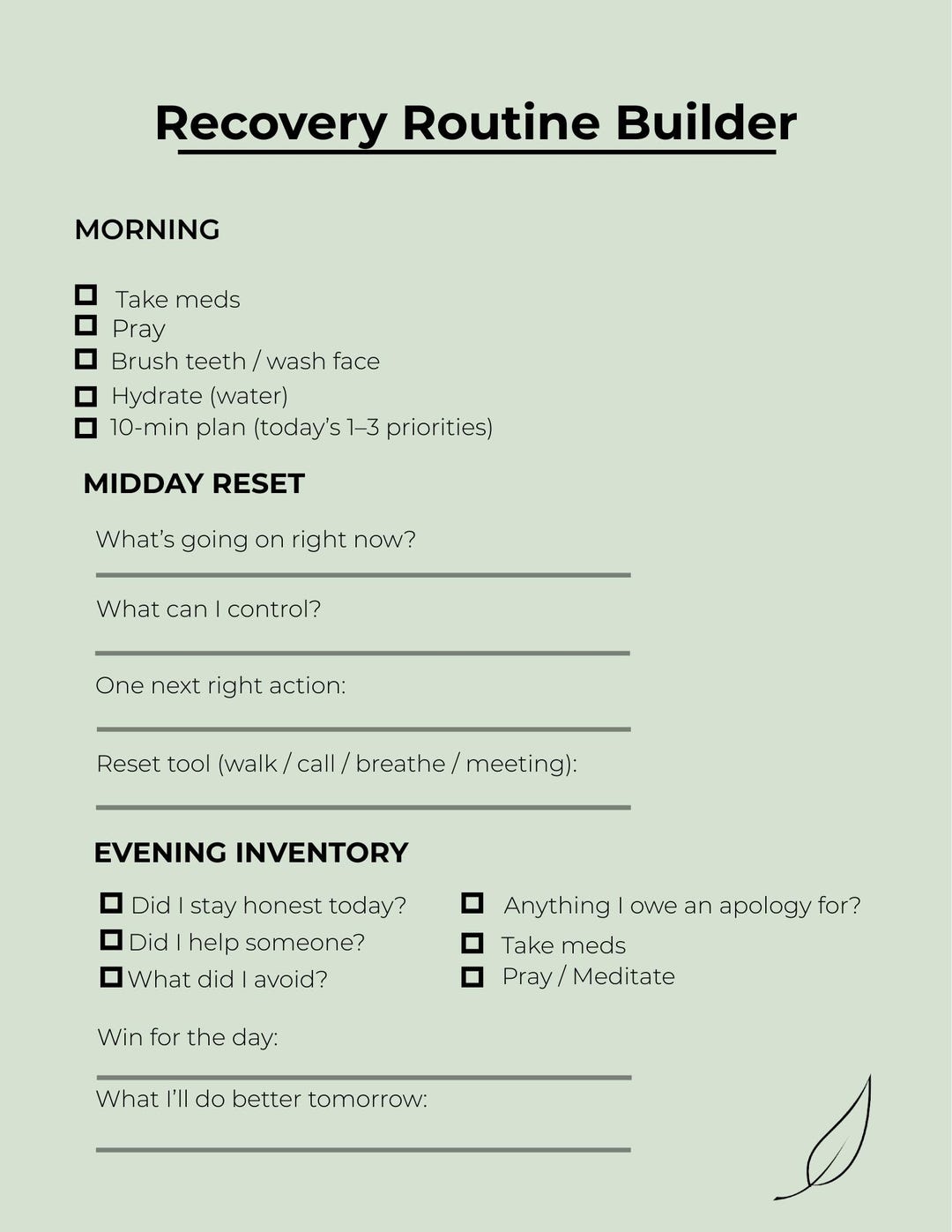 Creating A Recovery Routine Recovery Routine Builder Printable | Daily Structure Planner for ...