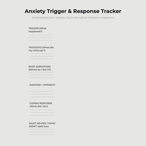 May include: A light gray Anxiety Trigger & Response Tracker. The tracker includes sections for recording triggers, thoughts, body sensations, emotion intensity, coping responses, and what helped or didn't. Text at the top reads: Understand your anxiety. Slow the spiral. Choose a response.