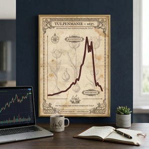 May include: A framed vintage print titled "Tulpenmanie - 1637." The artwork features a graph showing the rise and fall of tulip prices, with tulip illustrations and Dutch text. A mug with a lion design, a laptop, and a notebook are on the desk.