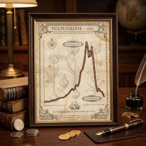 May include: Framed vintage print depicting the Dutch Tulip Mania of 1637. The artwork features a graph illustrating the rise and fall of tulip prices, with text in Dutch. The frame is dark brown with a gold inner border, and the print has a sepia tone.