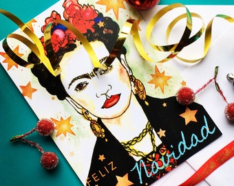 Festive Frida Feliz Navidad Frida Kahlo illustration Christmas Greetings card A6 with envelope