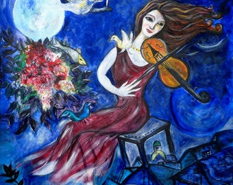 Blue Violinist acrylic painting Square painting in 3 sizes by Sam Parr fine art print on canvas textured archival paper Chagall homage
