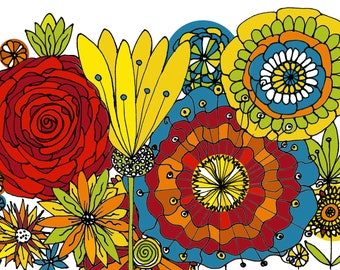 Bright Flowers line work illustration on archival paper, fine art print of original by Sam Parr