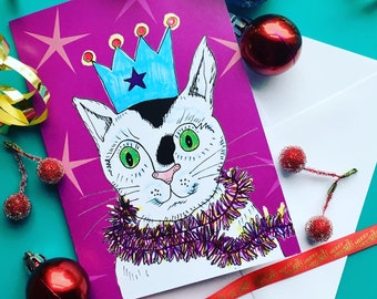 White with black splodges Christmas Cat illustration Greetings card A6 with envelope