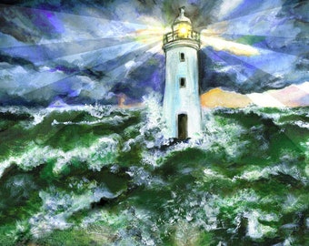 A3 fine art print of “Beacon” acrylic painting of stormy sea and lighthouse original artwork by Sam Parr