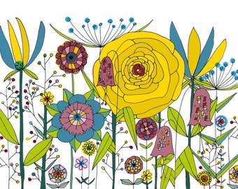 Spring Flowers line work illustration on archival paper, fine art print of original by Sam Parr