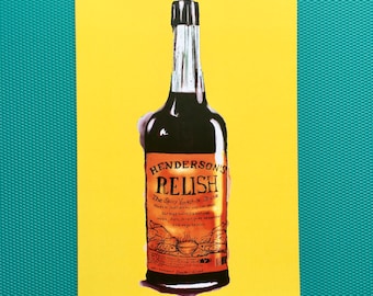 Henderson's Relish on yellow A6 greetings card and envelope