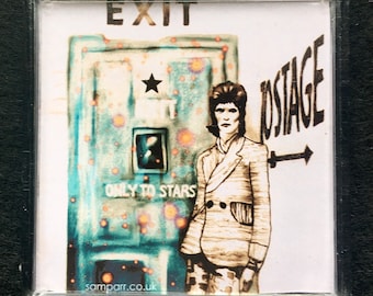 Bowie illustration "Bowie:Exit" illustration on square fridge magnet by Sam Parr