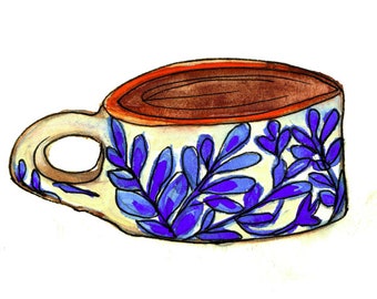 My Cup of tea painting illustration by Sam Parr fine art print folk art quirky, pottery mug blue white