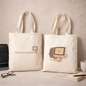 May include: Two cream-coloured tote bags with matching handles. One bag has the word "PROGRAMMER" and a computer graphic. The other bag features a computer graphic with a human profile and the text "Please remember".