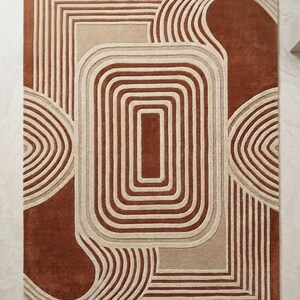 Hand Tufted Geometric Rug, Modern Abstract Wool Carpet, Rust Cream Retro Pattern (5x8 8x10)