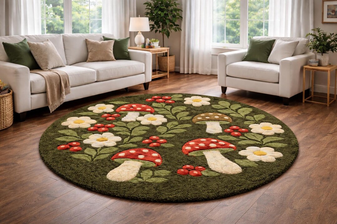 Handmade Tufted Mushroom Rug | Cottagecore Floral Carpet - Etsy