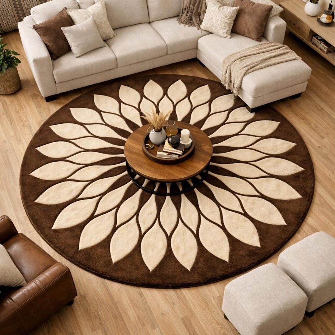 Hand Tufted Round Wool Rug, Brown Cream Sunflower Floral Carpet, Soft ...