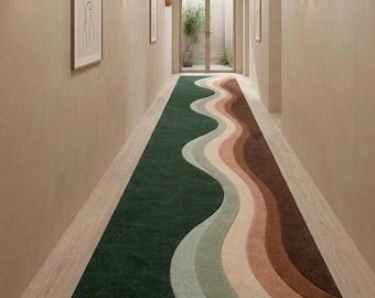 Hand Tufted Wool Wave Runner Rug, Modern Abstract Hallway Carpet, Green Entryway Runner