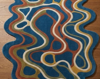 Abstract Tufted Wool Rug, Organic Shape Modern Carpet, Blue Living Room Statement Piece