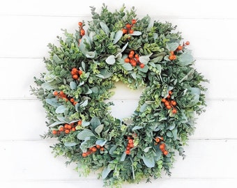 Fall Farmhouse-Greenery Wreath-Autumn Wreath-Farmhouse Decor-Orange Wreath-Frosted EUCALYPTUS & LAMBS EAR Wreath-Wreaths-Outdoor Wreath-Gift