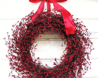 Modern Farmhouse RED Berry Front Door Wreath-Valentines Day Red Home Decor Wreath-LOVECORE-Everyday Wreath-Red Door Decor-Mantle RED Wreath