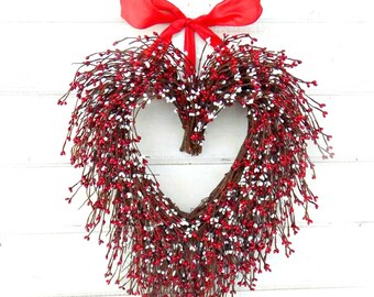 Handmade,Home Decor,Heart Wreath-RED& WHITE Front Door Wreath-Anniversary,Mother’s Day,Love You Gift-4th of July Cottage Decor,Unique Gifts